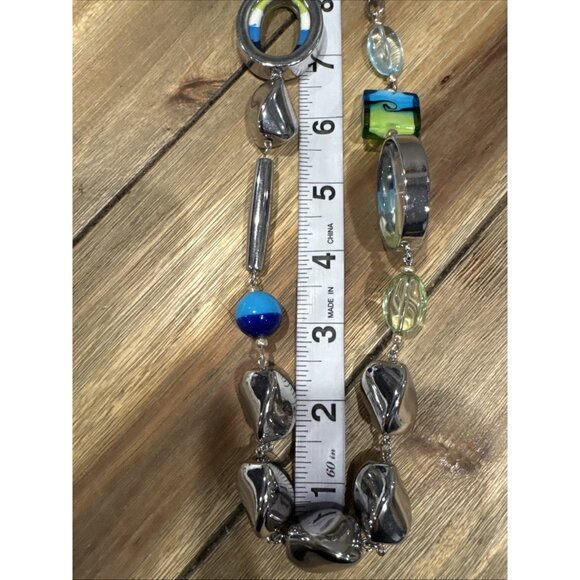 Chicos Blue Green Faux Glass SIlver Tone 18" Long Statement Necklace NEW - Picture 15 of 16